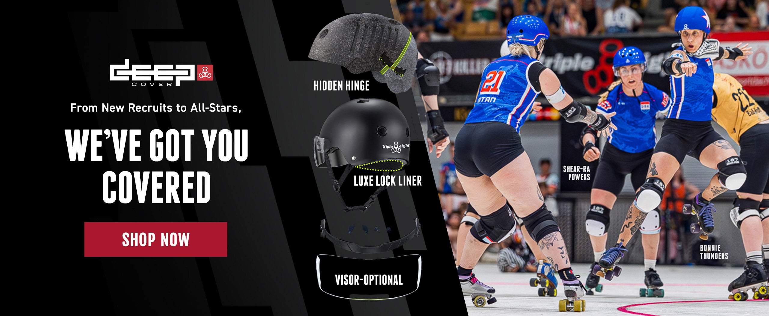 Promotional banner for Deep brand roller skate accessories, featuring a black helmet with a visible 'Hidden Hinge' and 'Luxe Lock Liner' label, alongside action shots of roller skaters on the ice in a rink.
